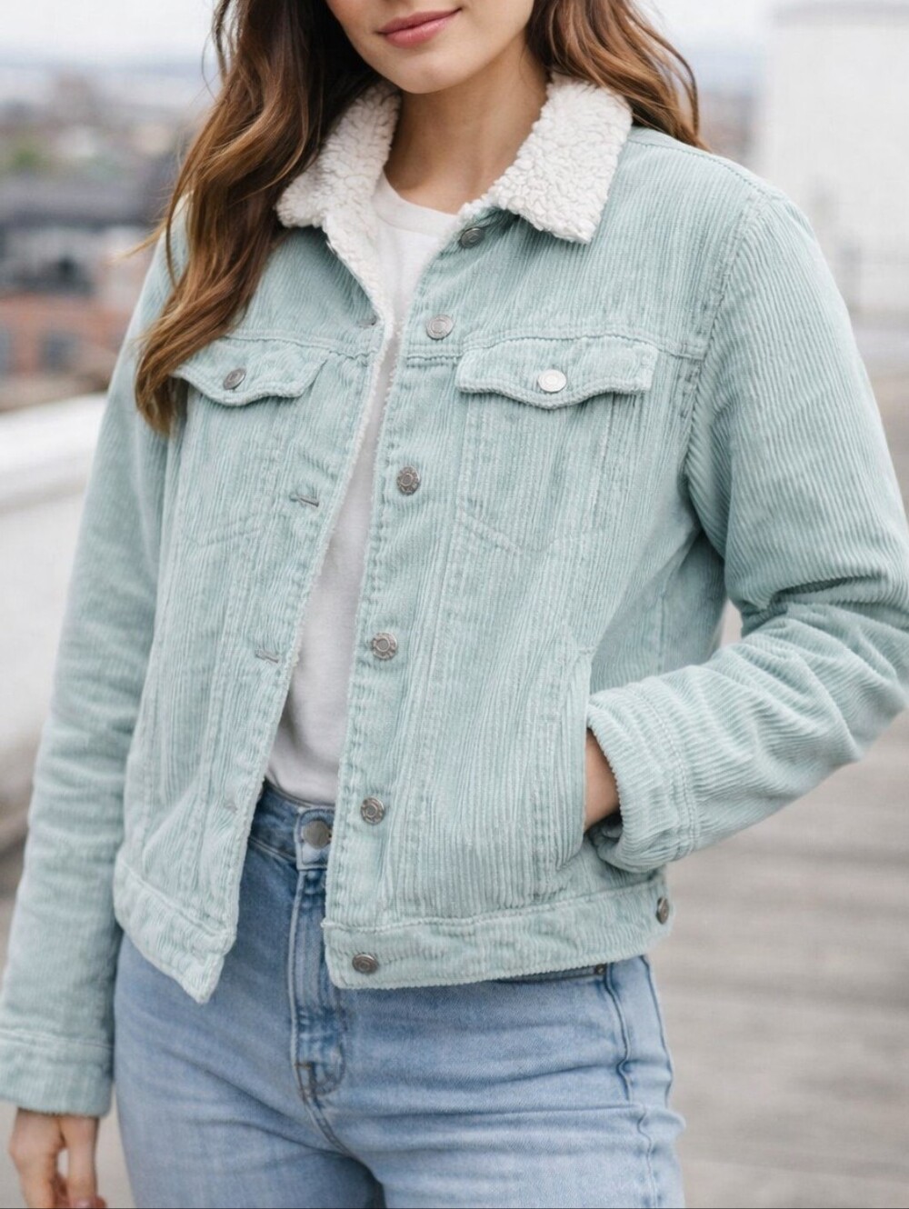 Mint Corduroy Jacket with Sherpa Collar